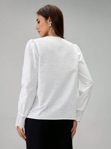 Women V-Neck Patchwork Lace Trim Solid Color Long Sleeve Blouse, Casual Daily Style Top For Women