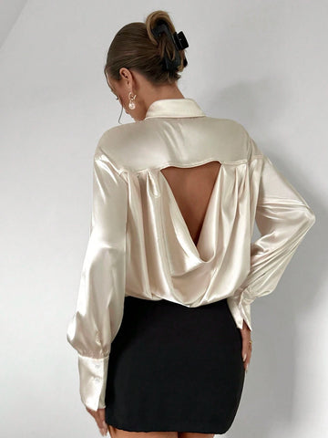 Women's Casual Commuter Collared Solid Color Long Sleeve Pleated Blouse