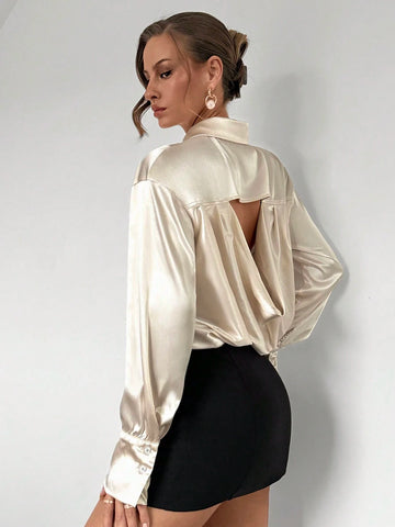 Women's Casual Commuter Collared Solid Color Long Sleeve Pleated Blouse