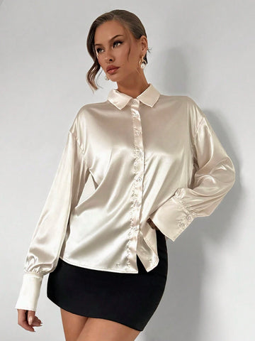 Women's Casual Commuter Collared Solid Color Long Sleeve Pleated Blouse