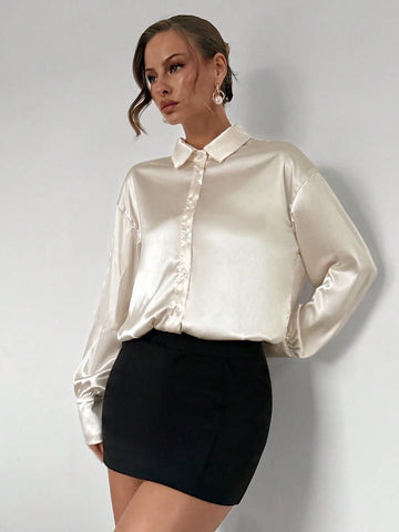 Women's Casual Commuter Collared Solid Color Long Sleeve Pleated Blouse