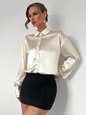 Women's Casual Commuter Collared Solid Color Long Sleeve Pleated Blouse