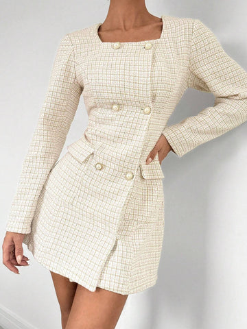 Women's Casual Everyday Commute Square Neck Collar Circle Button Detail Long Sleeve Dre