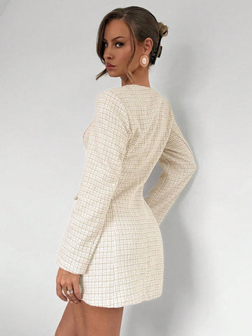 Women's Casual Everyday Commute Square Neck Collar Circle Button Detail Long Sleeve Dre