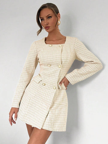 Women's Casual Everyday Commute Square Neck Collar Circle Button Detail Long Sleeve Dre