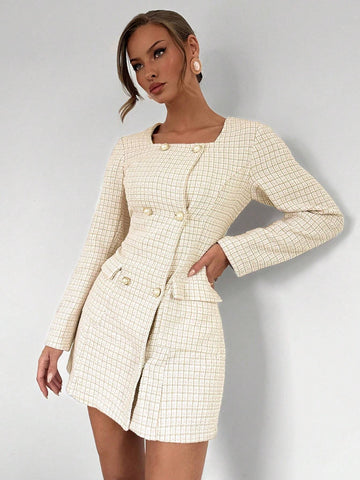 Women's Casual Everyday Commute Square Neck Collar Circle Button Detail Long Sleeve Dre