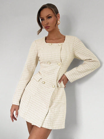 Women's Casual Everyday Commute Square Neck Collar Circle Button Detail Long Sleeve Dre