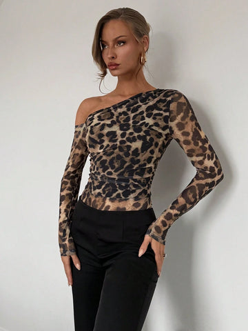 Women's Fashion Leopard Print Mesh Long Sleeve Open Shoulder Bodysuit