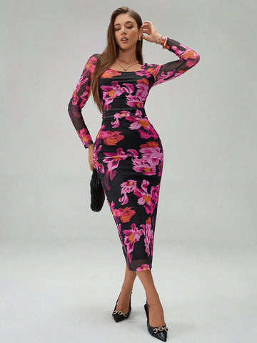 Women's Fashion Slim Fit Square Neck Floral Print Long Sleeve Dress