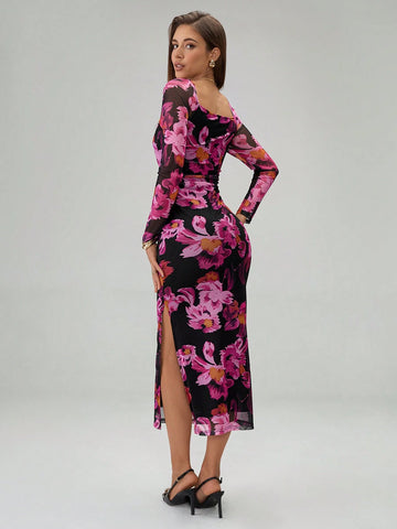 Women's Fashion Slim Fit Square Neck Floral Print Long Sleeve Dress