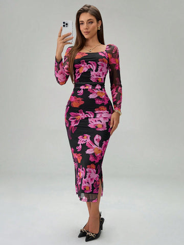 Women's Fashion Slim Fit Square Neck Floral Print Long Sleeve Dress