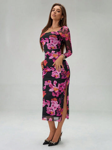Women's Fashion Slim Fit Square Neck Floral Print Long Sleeve Dress