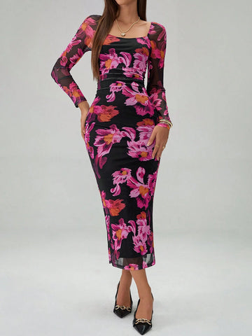 Women's Fashion Slim Fit Square Neck Floral Print Long Sleeve Dress