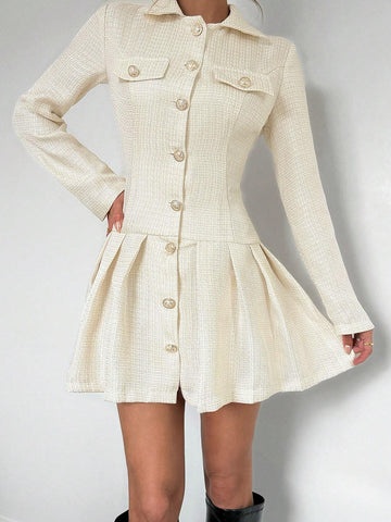 Women's Fashionable & Elegant Woven Pleated Hem Single-Breasted Dress