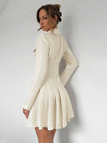 Women's Fashionable & Elegant Woven Pleated Hem Single-Breasted Dress