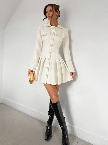 Women's Fashionable & Elegant Woven Pleated Hem Single-Breasted Dress
