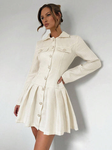 Women's Fashionable & Elegant Woven Pleated Hem Single-Breasted Dress