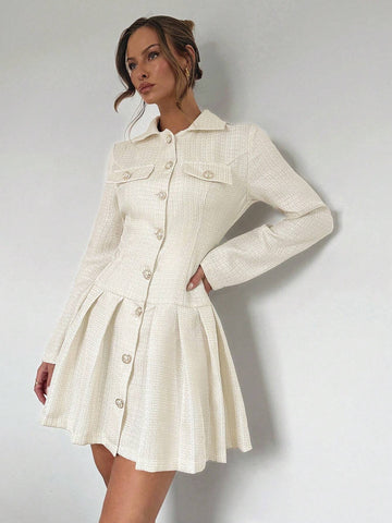 Women's Fashionable & Elegant Woven Pleated Hem Single-Breasted Dress