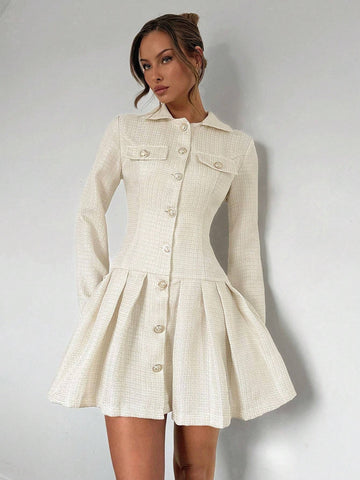 Women's Fashionable & Elegant Woven Pleated Hem Single-Breasted Dress