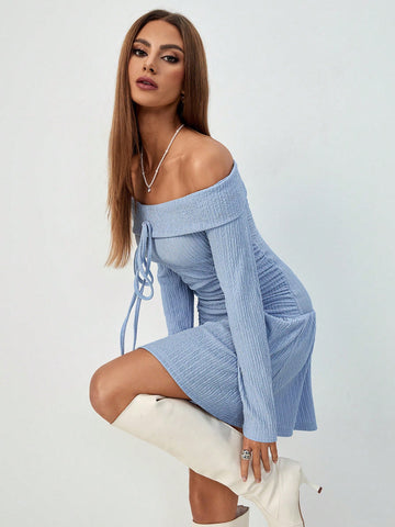 Women's Off Shoulder Cinched Waist Long Sleeve Dress