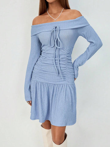 Women's Off Shoulder Cinched Waist Long Sleeve Dress