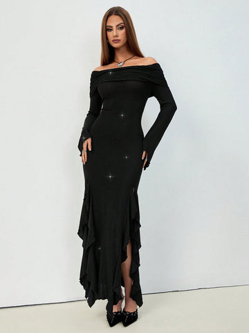 Women's Solid Sparkling Off Shoulder Long Sleeve Fishtail Hem Bodycon Elegant Dress