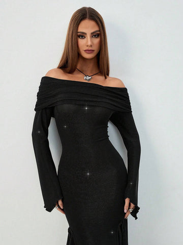Women's Solid Sparkling Off Shoulder Long Sleeve Fishtail Hem Bodycon Elegant Dress