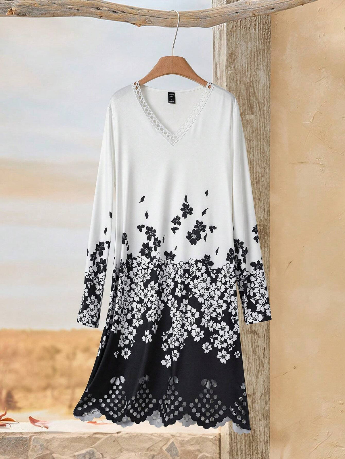 White Long Sleeve Dress,Ladies Lace V Neck Long Sleeve Hollow Print Straight Fashion Casual