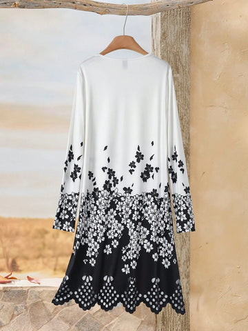 White Long Sleeve Dress,Ladies Lace V Neck Long Sleeve Hollow Print Straight Fashion Casual