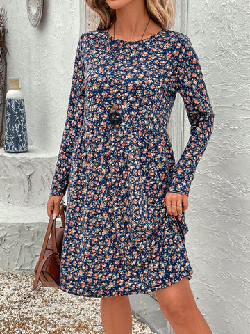 Ease Women's Ditsy Floral Round Neck Loose Fit Short Dress, Vacation Style