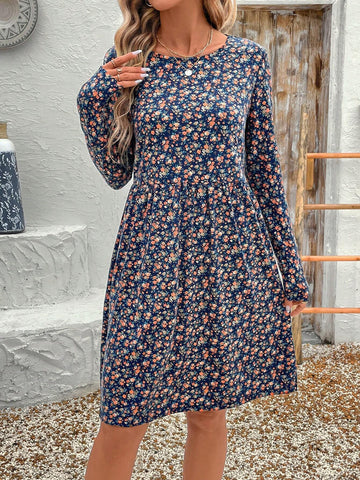 Ease Women's Ditsy Floral Round Neck Loose Fit Short Dress, Vacation Style