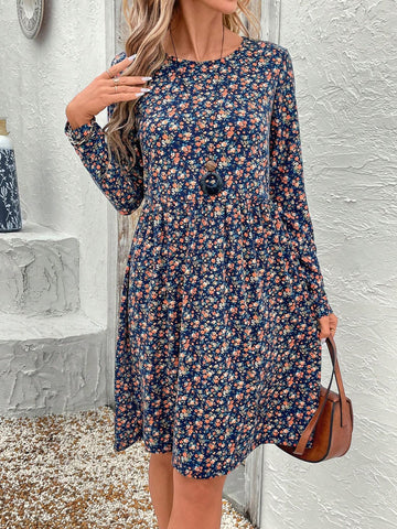 Ease Women's Ditsy Floral Round Neck Loose Fit Short Dress, Vacation Style