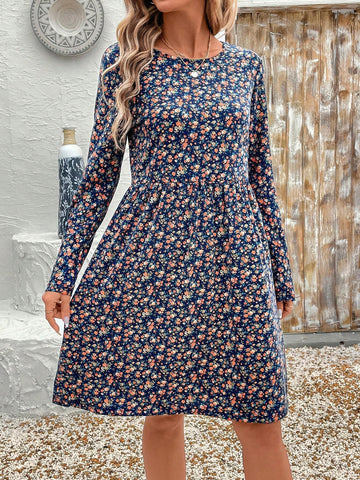 Ease Women's Ditsy Floral Round Neck Loose Fit Short Dress, Vacation Style