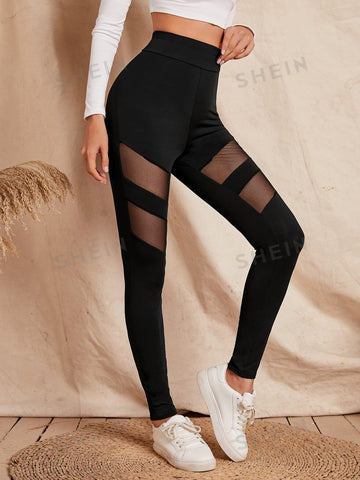 Essnce Spring And Summer Wide Belt Contrast Color Mesh Black Tight Women's Leggings