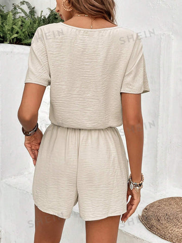 Solid Color Textured Notch Neck Top And Shorts Set