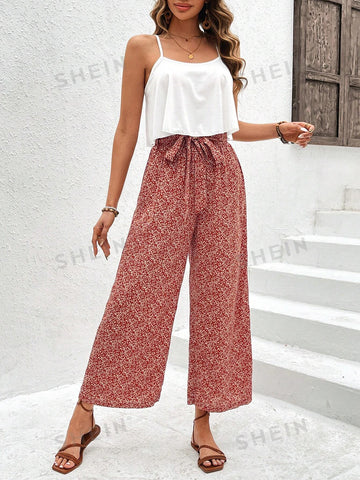 Women'S Solid Color Camisole Top And Floral Print Pants Set