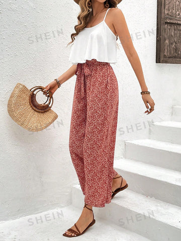 Women'S Solid Color Camisole Top And Floral Print Pants Set