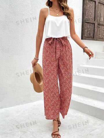 Women'S Solid Color Camisole Top And Floral Print Pants Set