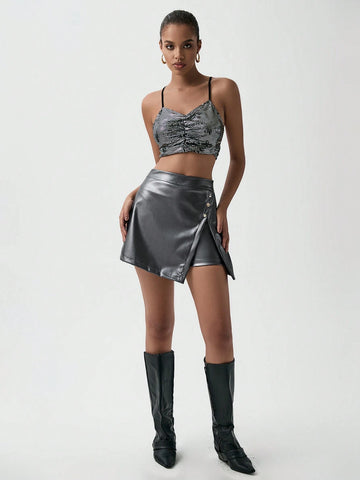Luminelle Casual, Commute, Elegant, Slit, Decorative Metal Buttons, Leather Pants Skirt, Ladies Leather Shorts