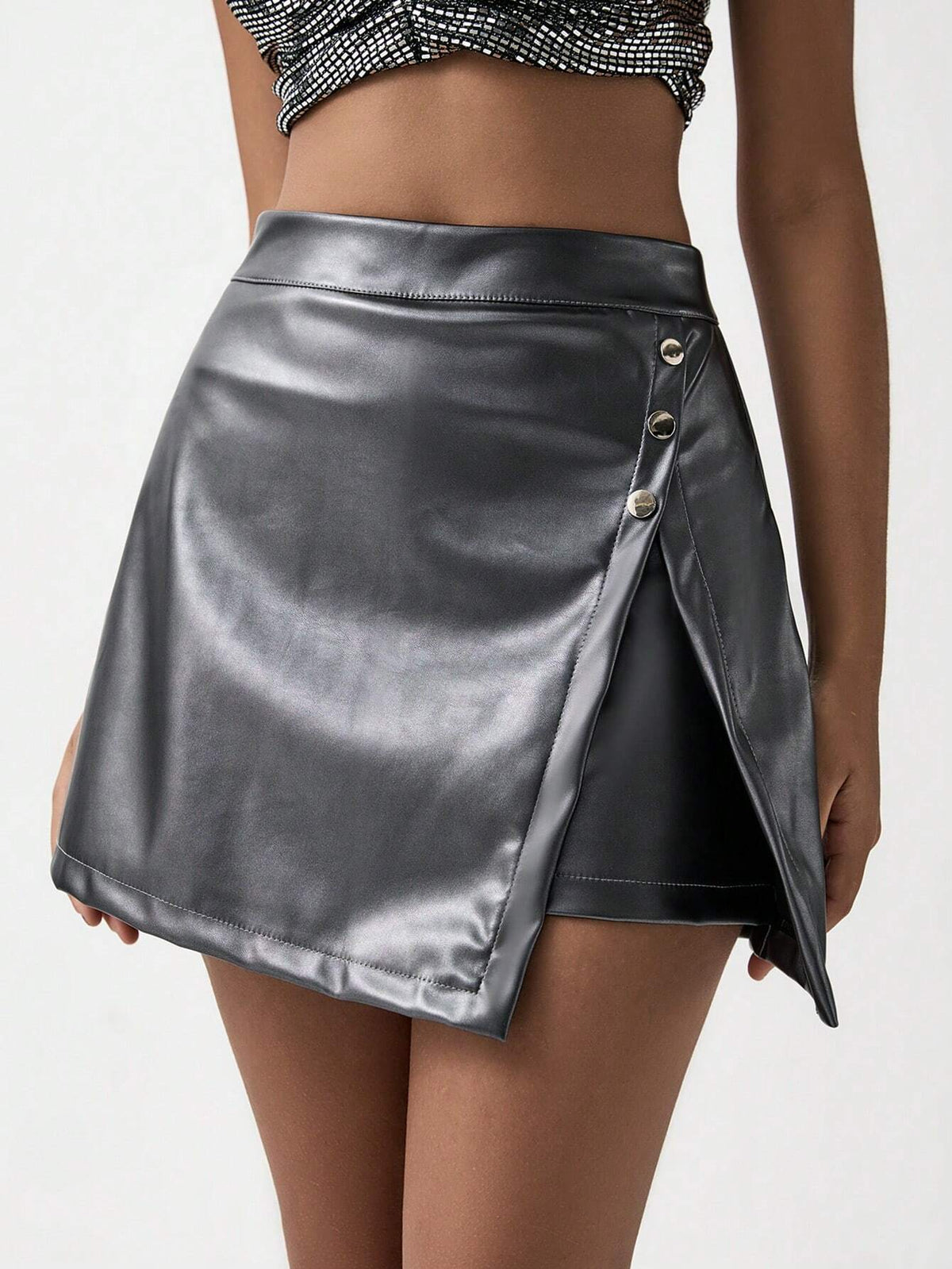 Luminelle Casual, Commute, Elegant, Slit, Decorative Metal Buttons, Leather Pants Skirt, Ladies Leather Shorts