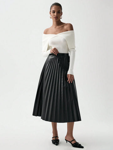 Luminelle Elegant, Casual, Office Commute Style, Pleated, PU Leather, A-Line Pleated Midi Skirt