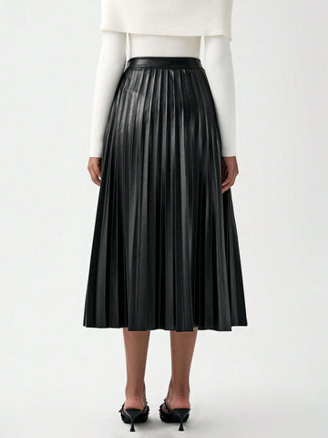 Luminelle Elegant, Casual, Office Commute Style, Pleated, PU Leather, A-Line Pleated Midi Skirt