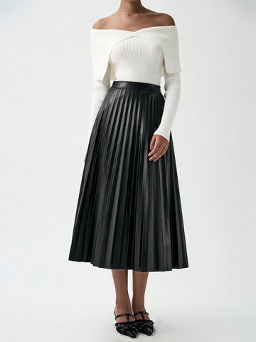 Luminelle Elegant, Casual, Office Commute Style, Pleated, PU Leather, A-Line Pleated Midi Skirt