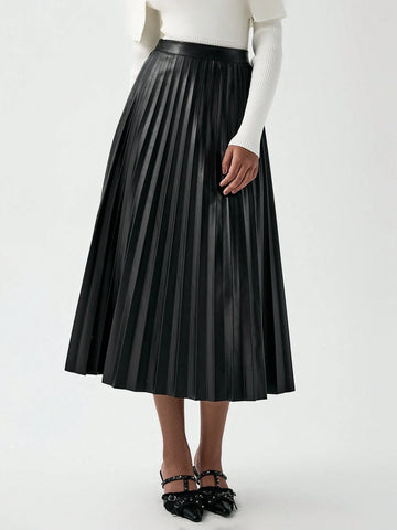 Luminelle Elegant, Casual, Office Commute Style, Pleated, PU Leather, A-Line Pleated Midi Skirt