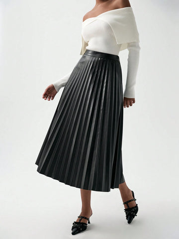 Luminelle Elegant, Casual, Office Commute Style, Pleated, PU Leather, A-Line Pleated Midi Skirt