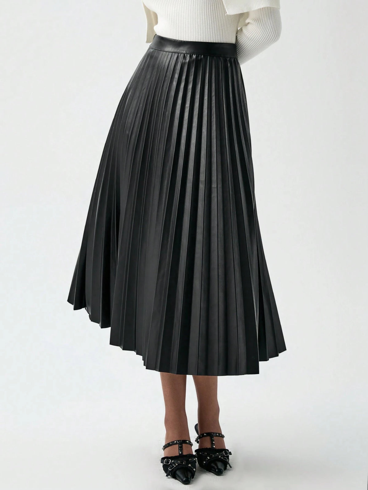 Luminelle Elegant, Casual, Office Commute Style, Pleated, PU Leather, A-Line Pleated Midi Skirt