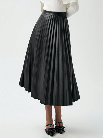 Luminelle Elegant, Casual, Office Commute Style, Pleated, PU Leather, A-Line Pleated Midi Skirt