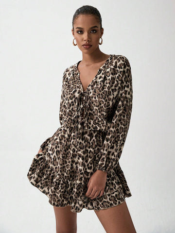 Luminelle Leopard Print Long Sleeve V-Neck Bow-Tie Collar Women Dress