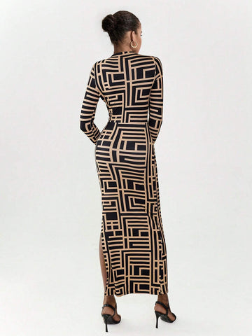 Luminelle Long Sleeve Allover Print Ruffled Fitted Split Hem Dress