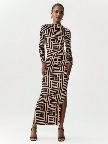 Luminelle Long Sleeve Allover Print Ruffled Fitted Split Hem Dress